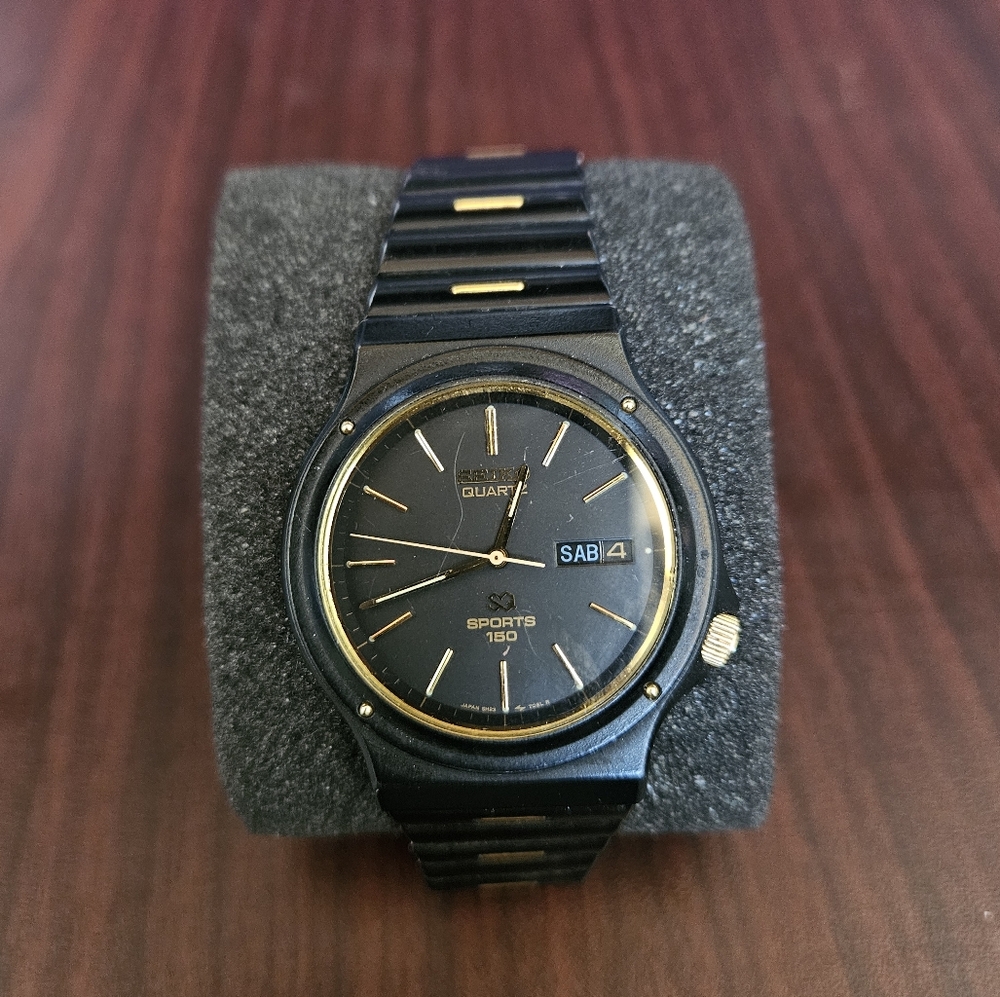 Vintage Seiko Sports Quartz Watch Men 100m Black Day Spanish Date GUC